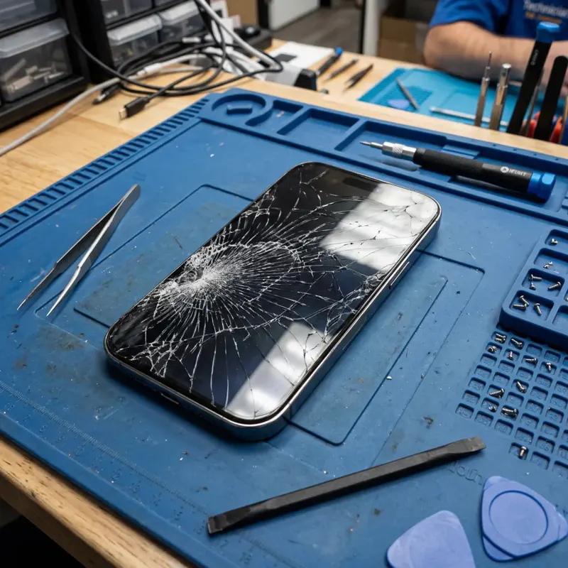 iPhone met gebarsten scherm in de werkplaats in Dénia